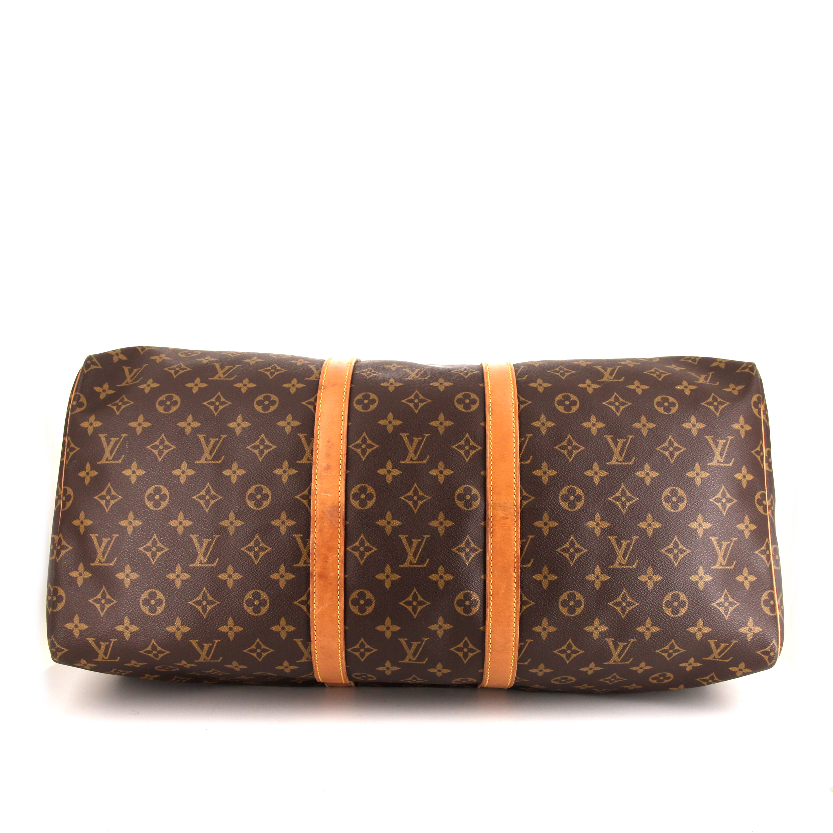 Borsa da viaggio Louis Vuitton Keepall 50 cm in tela monogram marrone e pelle naturale - Detail D4