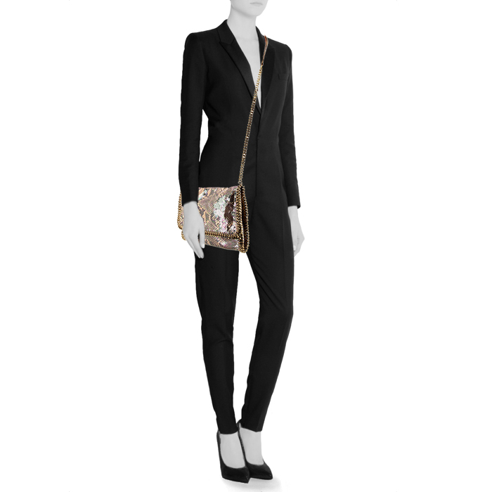 Borsa a tracolla Stella McCartney Falabella in tela satinata beige in simil-tartaruga - Detail D1