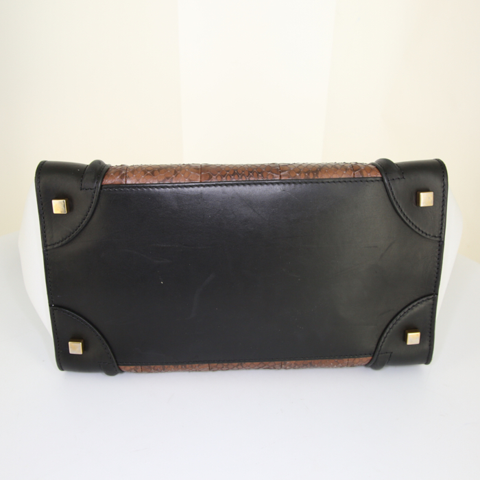Celine Luggage handbag in black and white bicolor leather and brown python - Detail D4