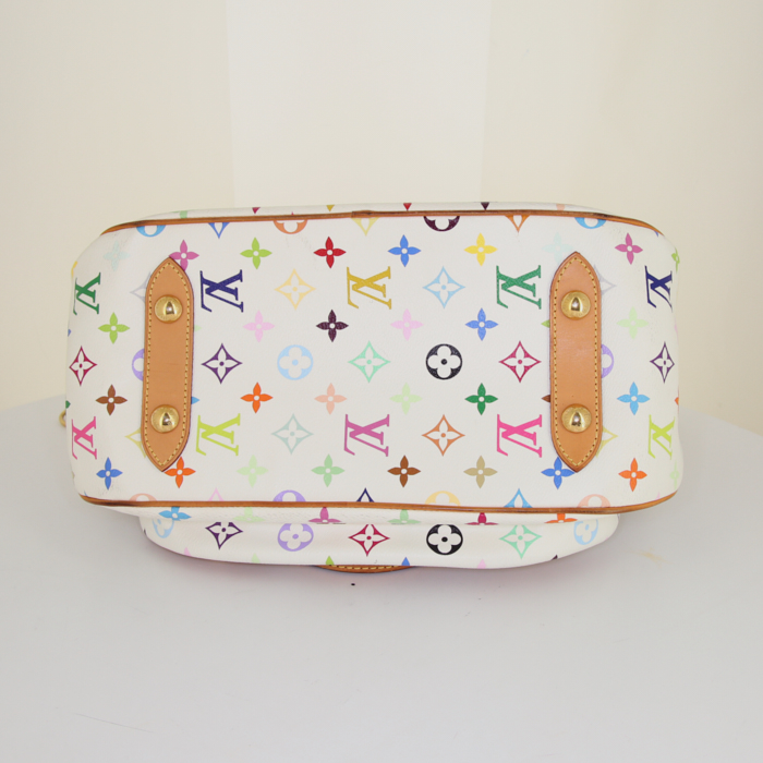 Sac porté épaule ou main Louis Vuitton Rita en toile monogram enduite multicolore blanche et cuir naturel - Detail D5