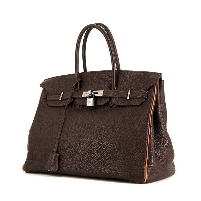 Hermes Birkin 35 cm handbag in brown leather taurillon clémence and orange piping - 00pp