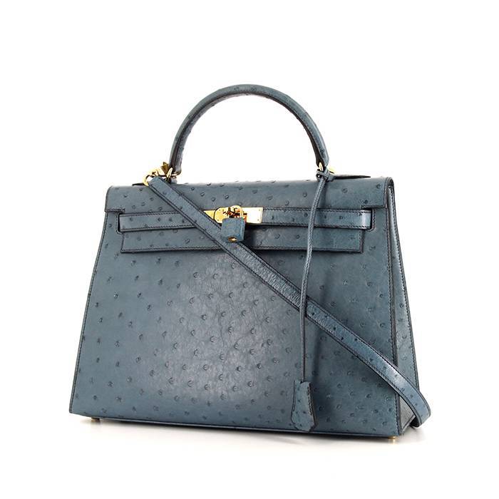 Hermes Kelly 32 blue ostrich leather bag