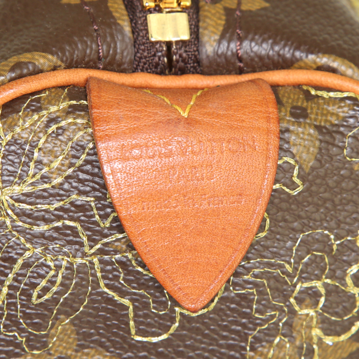 Sac à main Louis Vuitton Speedy Editions Limitées Dentelle en toile monogram marron et cuir naturel - Detail D3