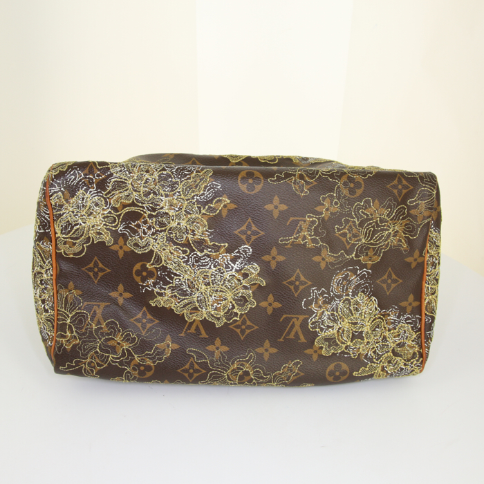 Sac à main Louis Vuitton Speedy Editions Limitées Dentelle en toile monogram marron et cuir naturel - Detail D4
