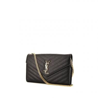 Borsa a tracolla Saint Laurent Wallet on Chain in pelle martellata e trapuntata nera con motivo a spina di pesce