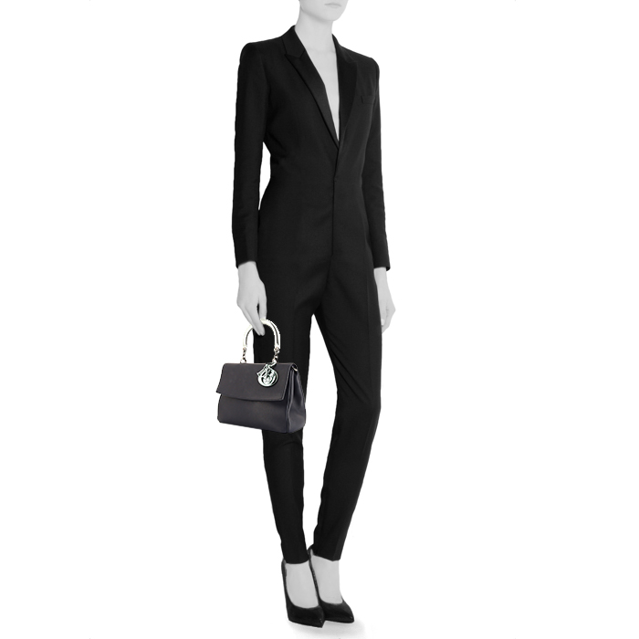 Dior Be Dior medium model shoulder bag in navy blue leather and silver patent leather - Detail D1