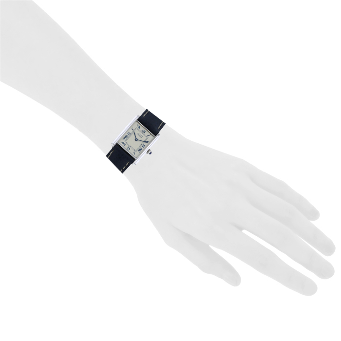 Orologio Cartier Tank Must in argento e pelle blu scuro - Detail D1
