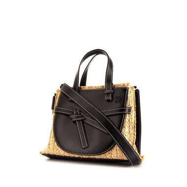 Loewe Gate Top Handle handbag in beige raphia and black leather