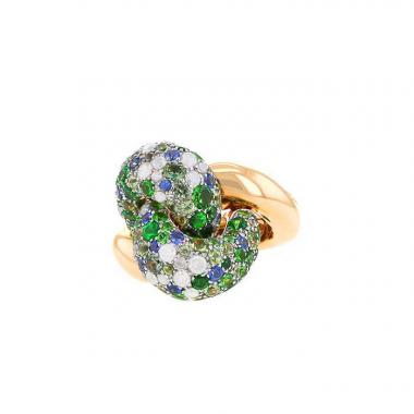 Dome-shaped interwoven Pomellato Tango ring in pink gold, sapphires, diamonds and tsavorites