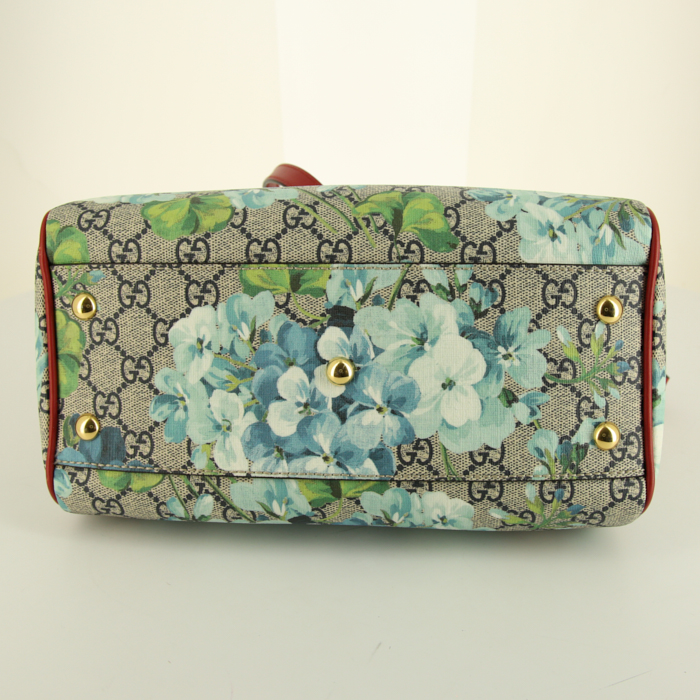 Borsa Gucci Boston in tela monogram grigia a fiori e pelle rossa - Detail D5