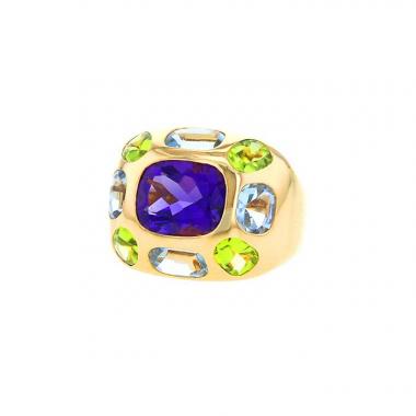 Anello bombato Chanel Baroque modello medio in oro giallo, acquamarina e peridoto e ametista Anello bombato Chanel Baroque modello medio in oro giallo, acquamarina e peridoto e ametista