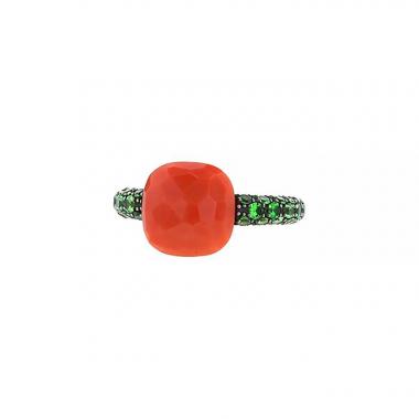 Bague Pomellato Capri petit modèle en or rose,  corail et tsavorites