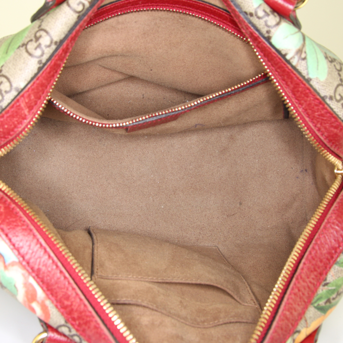 Borsa a tracolla Gucci Boston in tela monogram a fiori e pelle rossa - Detail D3