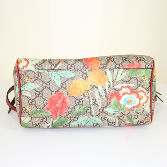 Borsa a tracolla Gucci Boston in tela monogram a fiori e pelle rossa - Detail D5