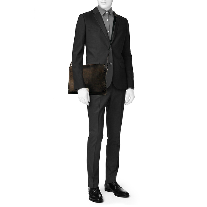 Berluti messenger bag in brown shading leather and black canvas - Detail D1