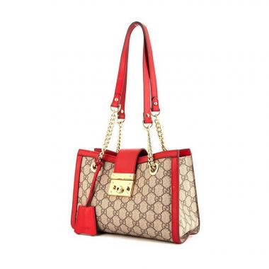 Bolso de mano Gucci Padlock modelo pequeño en lona Monogram marrón y cuero rojo