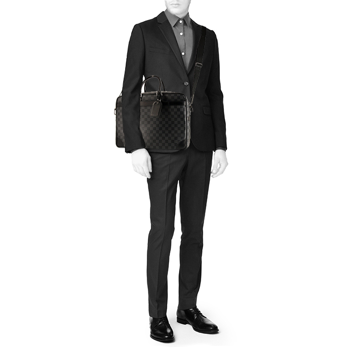 Porte-documents Louis Vuitton Voyage en toile damier grise et cuir noir - Detail D2