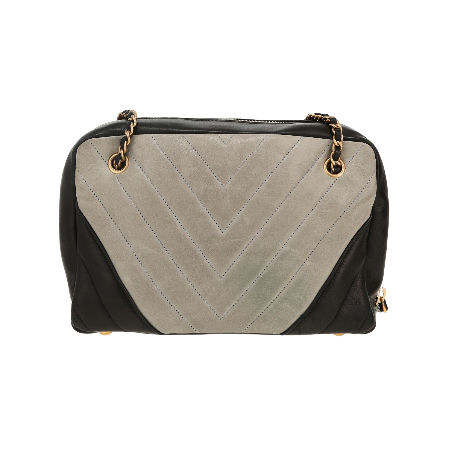 Borsa Chanel Camera in pelle trapuntata a zigzag grigia e nera - Detail D4