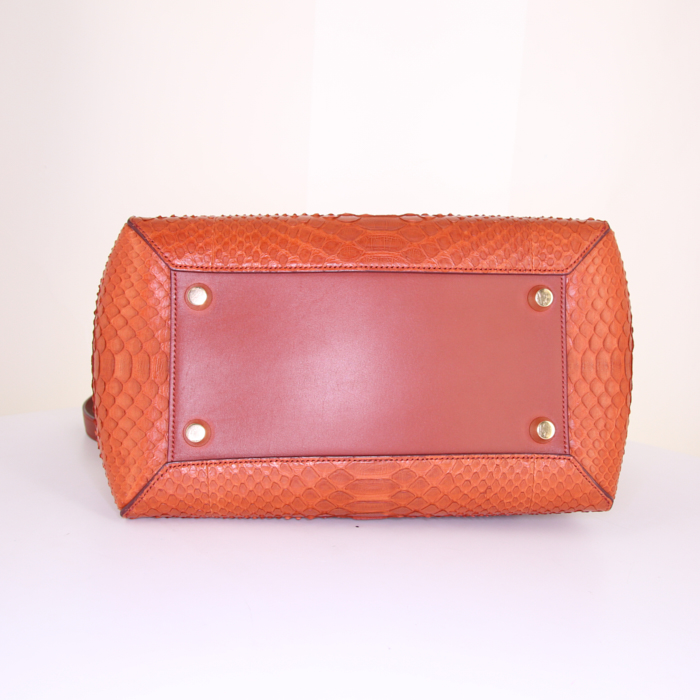 Celine Belt medium model handbag in brown Rouille python and brown leather - Detail D5