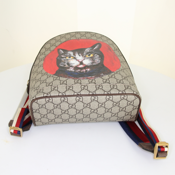 Zaino Gucci modello piccolo in tela siglata beige con motivo e pelle marrone - Detail D4