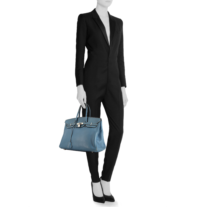Sac à main Hermes Birkin 35 cm en cuir togo bleu-jean - Detail D1
