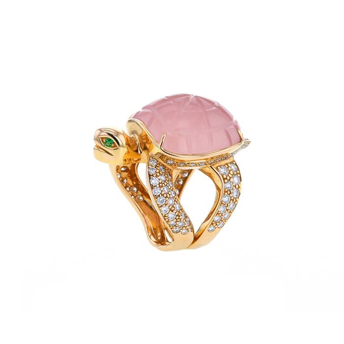 Boucheron Honu, La Tortue ring in pink gold,  diamonds and tsavorites and in quartz - 00pp