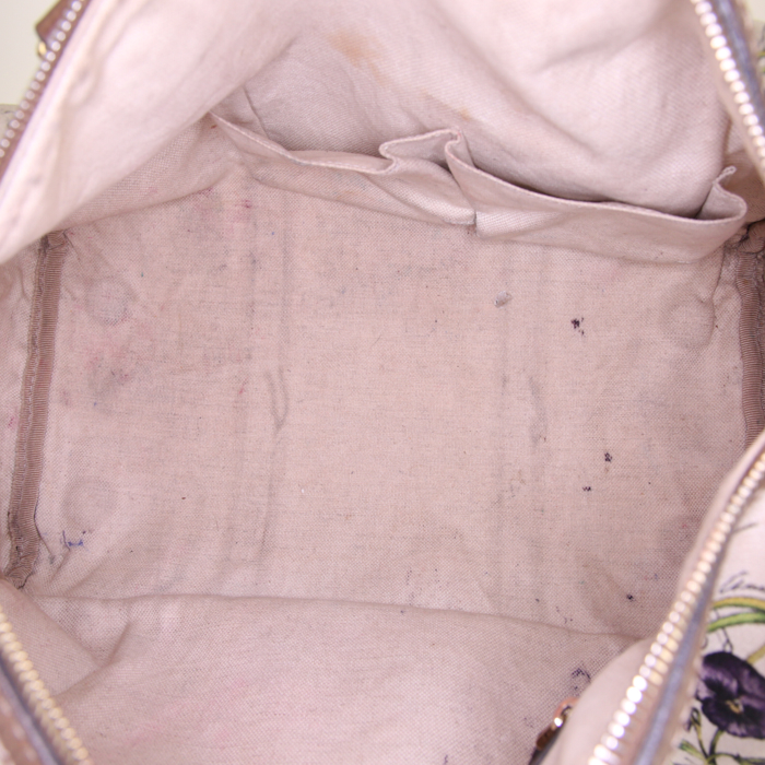 Borsa a tracolla Gucci Boston in tela beige a fiori e pelle marrone - Detail D3