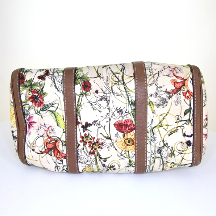 Gucci Boston shoulder bag in beige canvas and brown leather - Detail D5