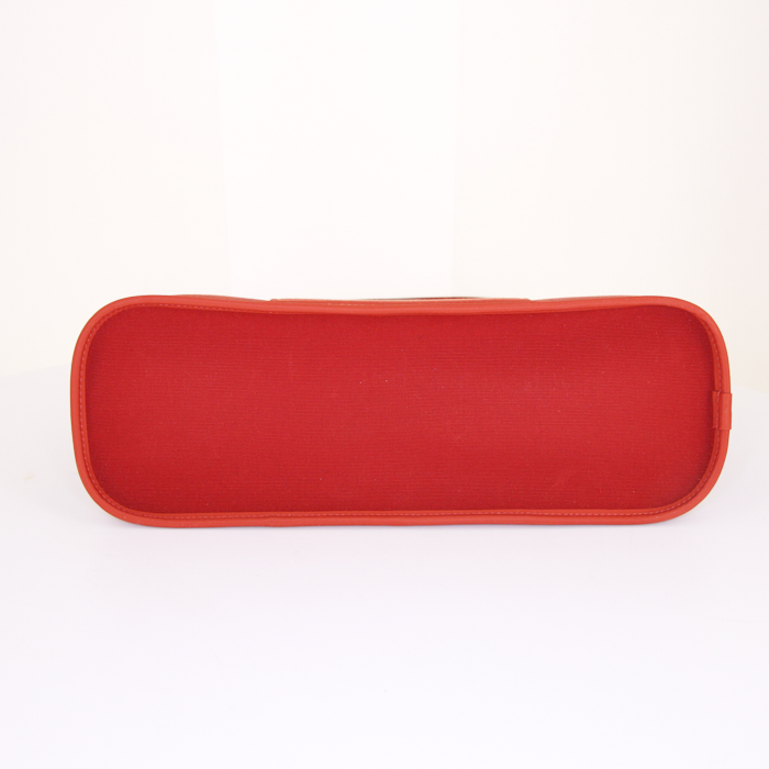Sac cabas Hermès Cabag en toile rouge-brique et cuir rouge - Detail D5