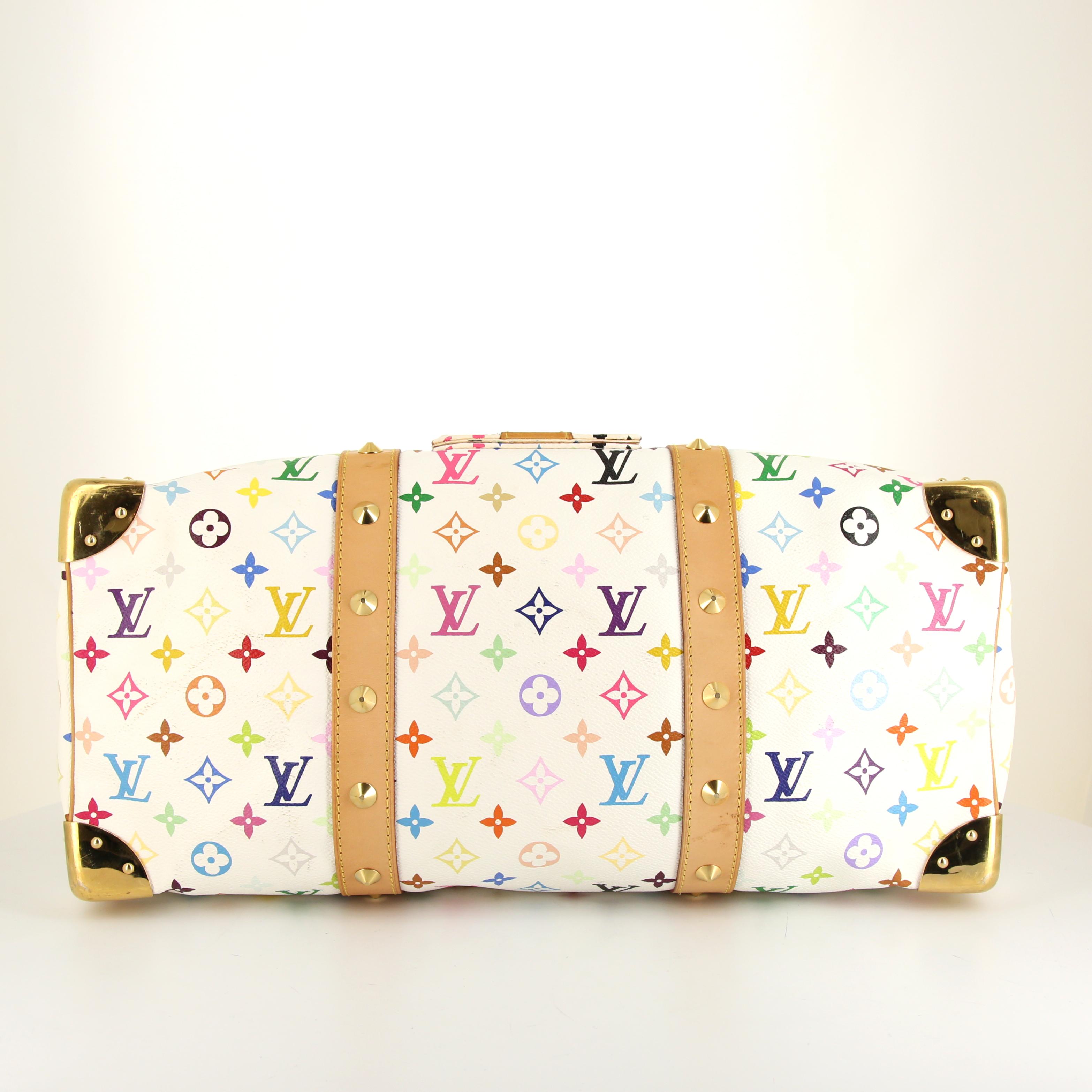 Borsa weekend Louis Vuitton Keepall Editions Limitées in tela monogram multicolore bianca - Detail D4