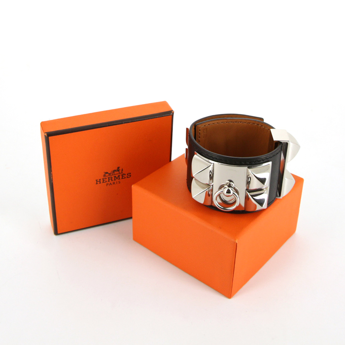 Hermes Médor cuff bracelet in palladium and leather