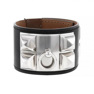 Brazalete Hermes Médor en paladio y cuero negro