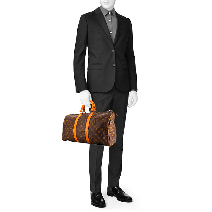 Louis Vuitton Keepall 45 travel bag in monogram canvas and natural leather - Detail D1