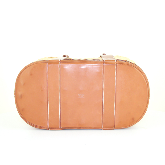Hermes Garden shopping bag in natural wicker and gold Barenia leather - Detail D4