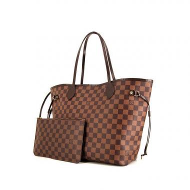 Bolso Cabás Louis Vuitton Neverfull modelo mediano en lona a cuadros ébano y cuero marrón