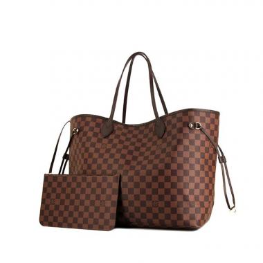Shopping bag Louis Vuitton Neverfull modello grande in tela cerata con motivo a scacchi ebano e pelle marrone