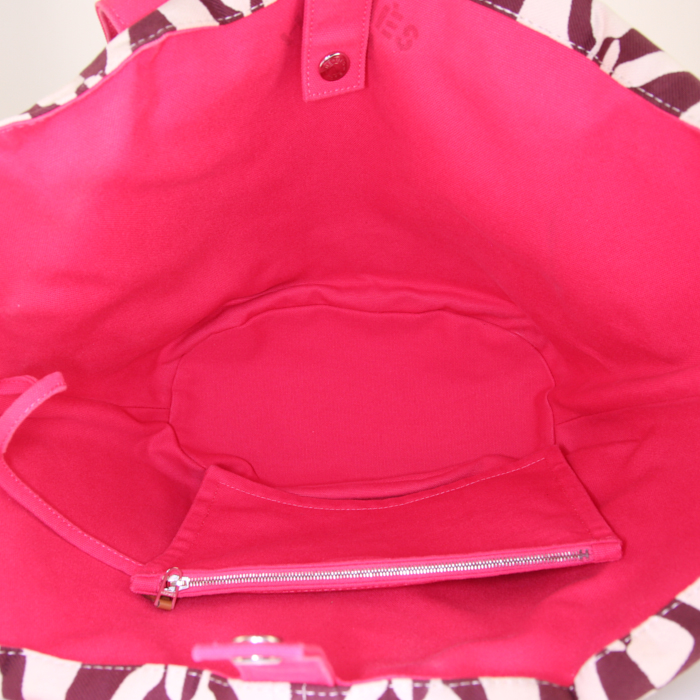 Shopping bag Hermès Beach Tote Chaine d'Ancre in tela beige bordeaux e rosa con motivo - Detail D2
