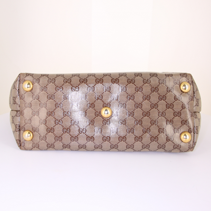 Shopping bag Gucci Babouska in tela siglata beige e pelle marrone - Detail D4