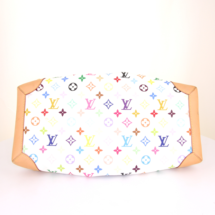 Bolso de mano Louis Vuitton Ursula en lona Monogram revestida multicolor blanca y cuero natural - Detail D4