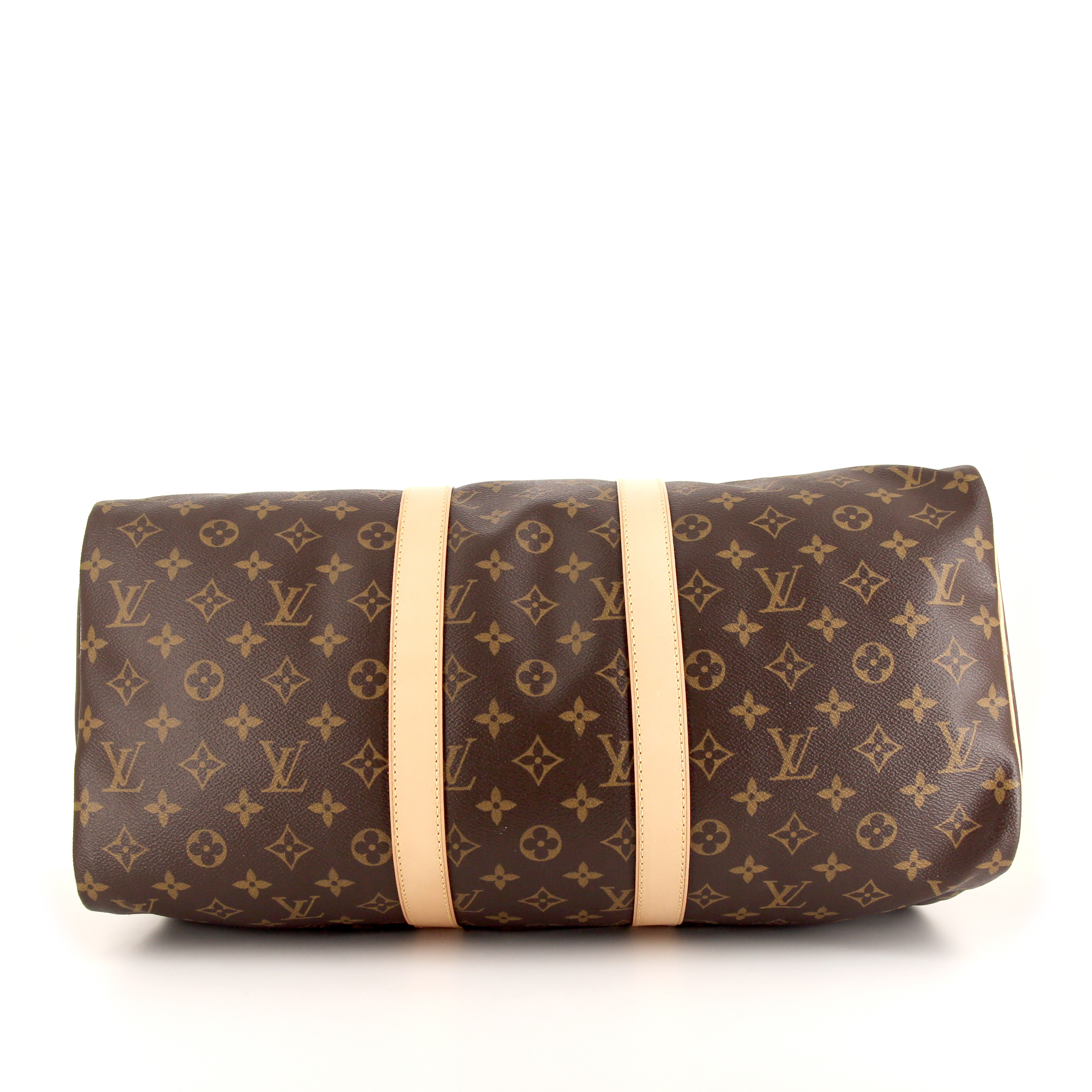 Bolsa de viaje Louis Vuitton Keepall 45 en lona Monogram marrón y cuero natural - Detail D4