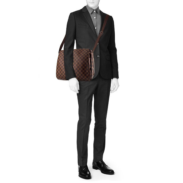 Borsa a tracolla Louis Vuitton Bastille in tela cerata con motivo a scacchi ebano e pelle marrone - Detail D1