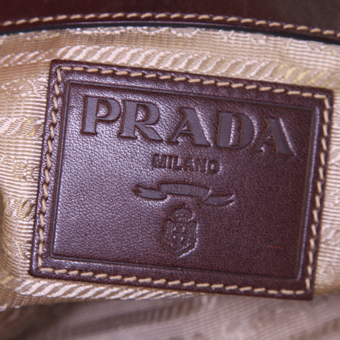 Bolso de mano Prada Jacquard en lona monogram caqui y cuero marrón oscuro - Detail D3
