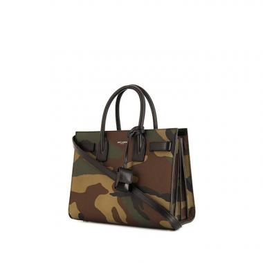 Sac à main Saint Laurent Sac de jour Baby en cuir grainé vert noir et beige