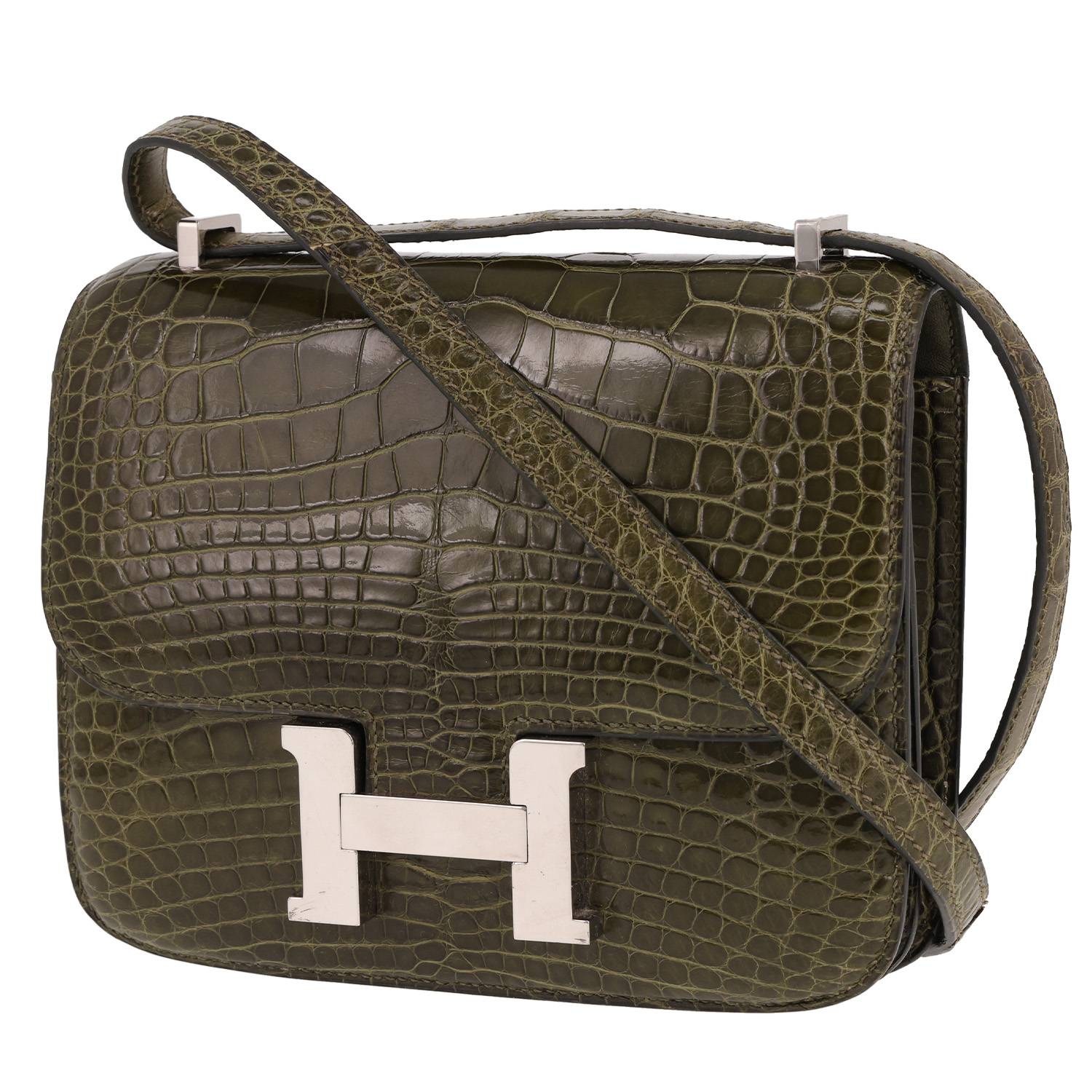 Sac bandoulière Hermès Constance mini en alligator vert-kaki