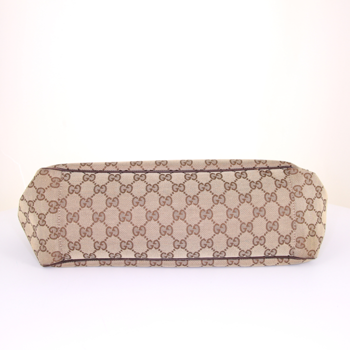Shopping bag Gucci Positano in tela monogram beige e pelle marrone - Detail D4