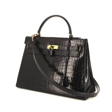 Sac à main Hermes Kelly 32 cm en crocodile porosus noir