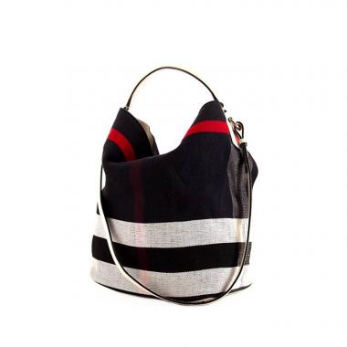 Bolso bandolera Burberry Ashby en lona Haymarket azul marino, negra, blanca y roja y cuero blanco
