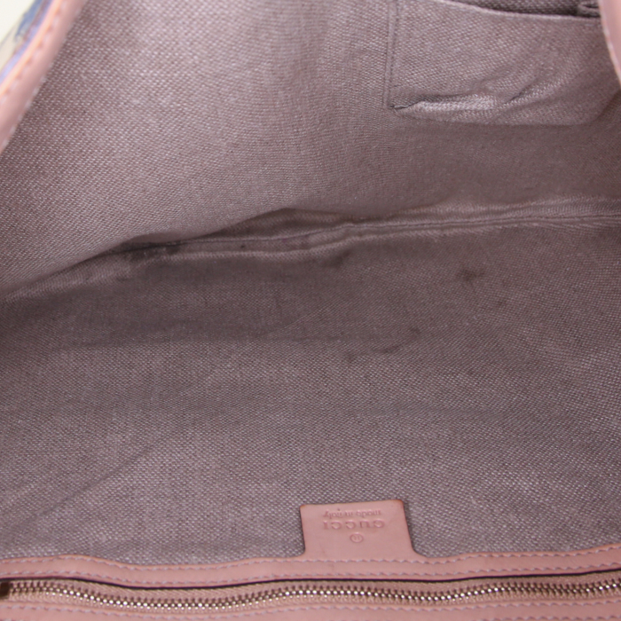 Sac à main Gucci Mors en toile beige et bleue et cuir marron - Detail D2