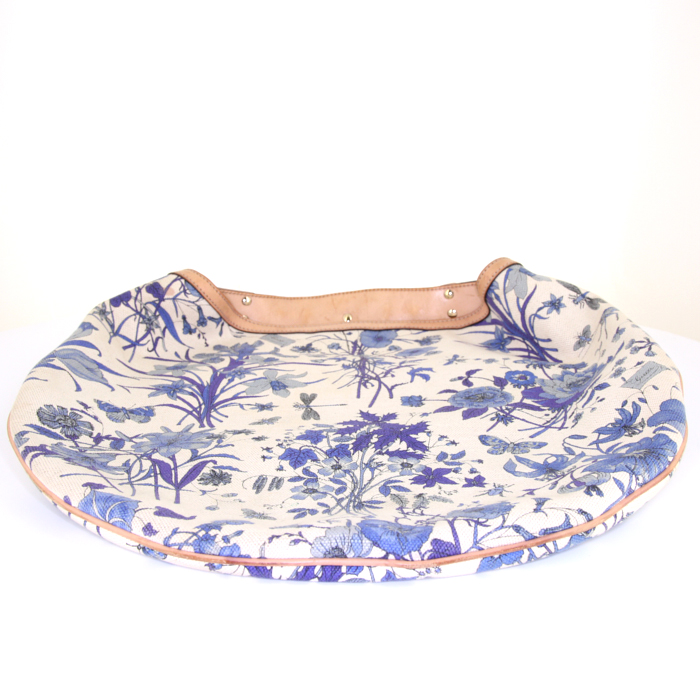 Borsa Gucci Mors in tela beige e blu a fiori e pelle marrone - Detail D4