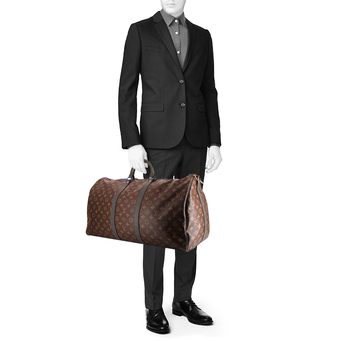 Sac de voyage Louis Vuitton Keepall Editions Limitées Kim Jones en toile monogram marron et cuir gris - Detail D1